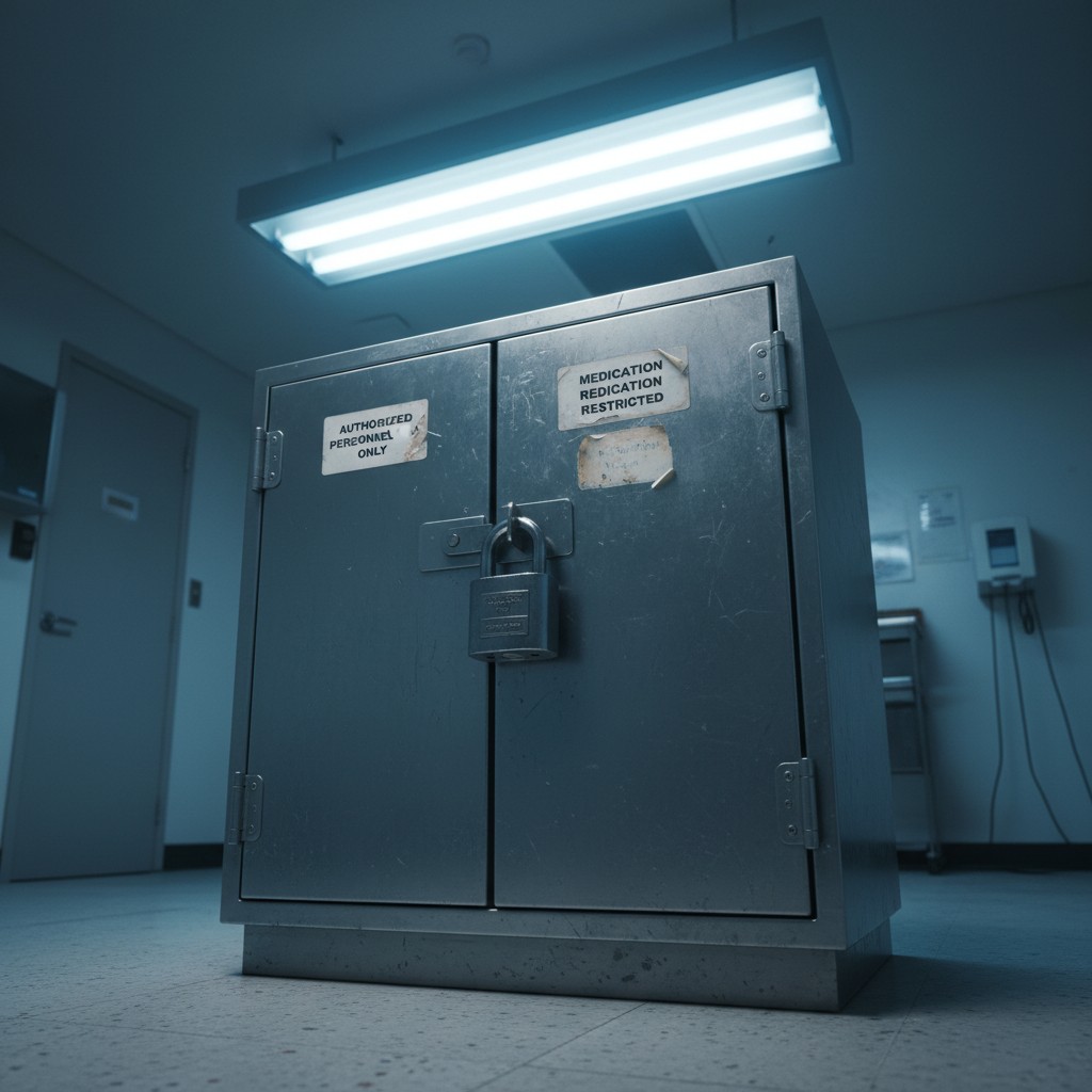 A metal cabinet with a locked door, labeled "Authorized Personnel Only" and "Medication Restricted" in a dimly lit medical...