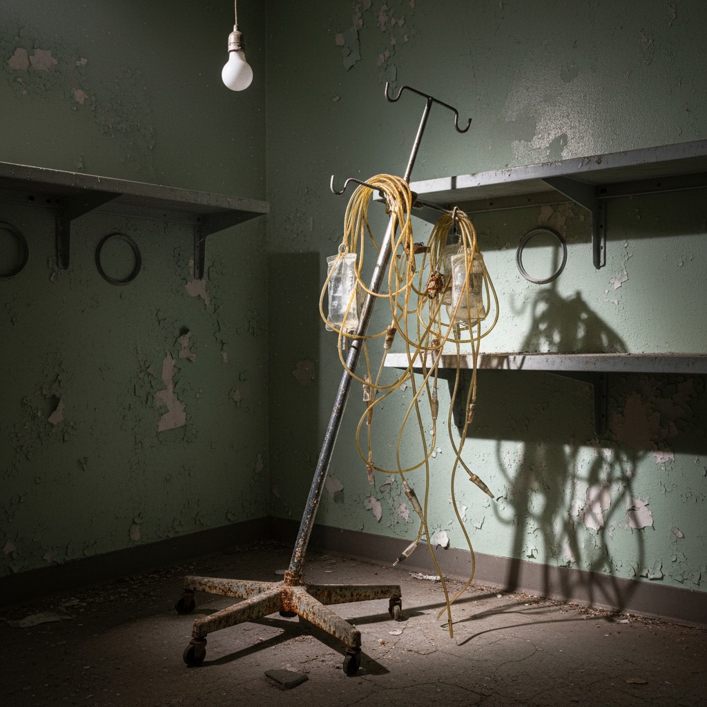 Rusty medical stand with impossibly tangled IV drip bags in what appears to be a worn and abandoned windowsless clinical e...