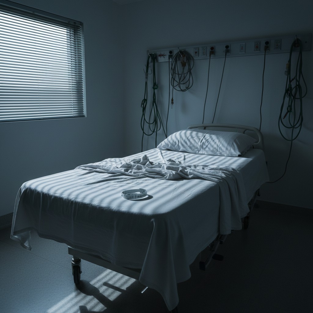 A dimly lit hospital room featuring a single unmade bed, with a white sheet and pillow illuminated by a window with closed...