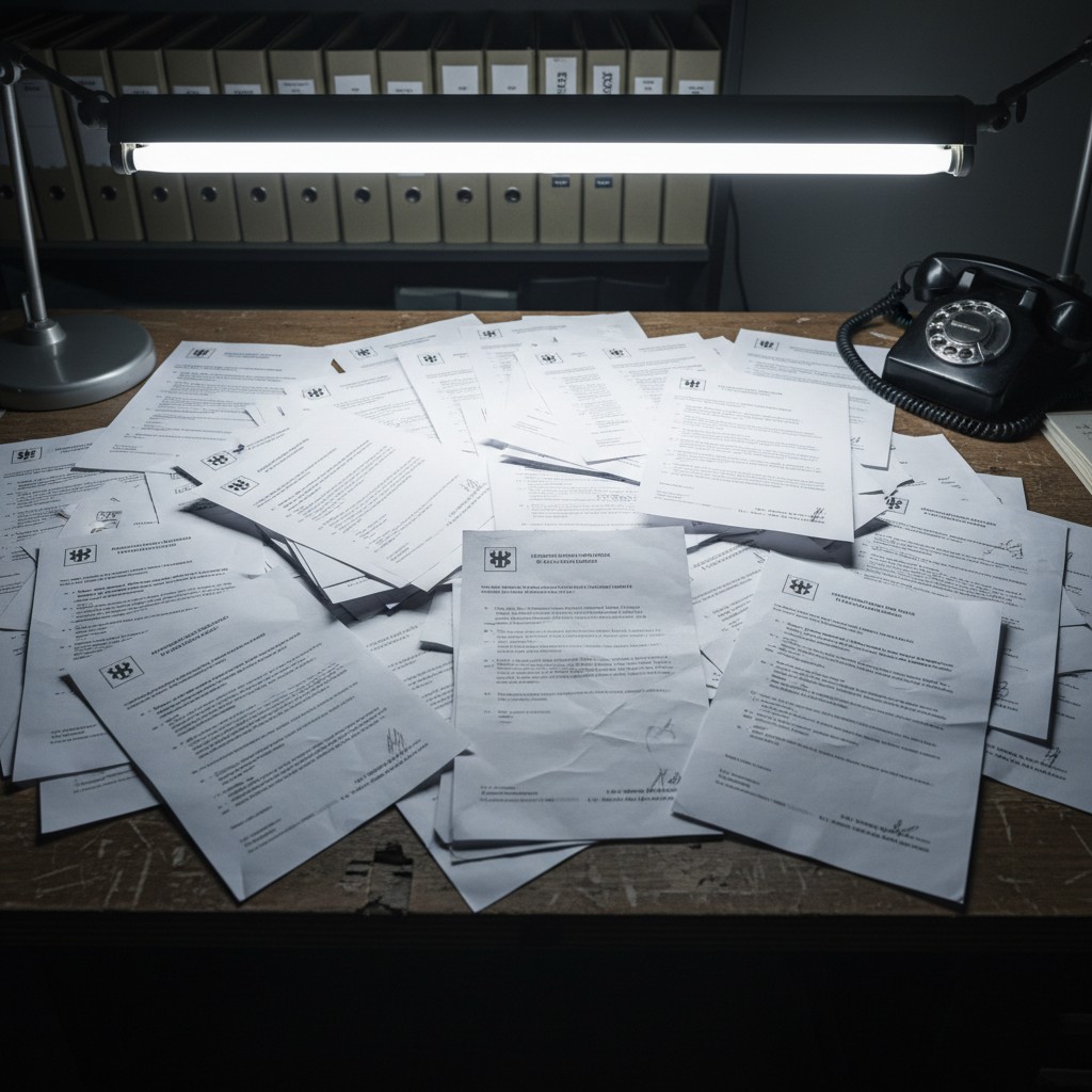A cluttered desk filled with many white papers, with a desk lamp and a rotary phone surrounding them.