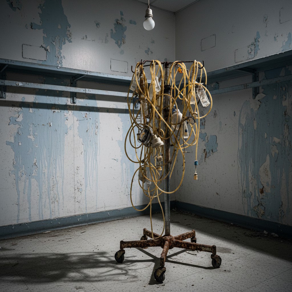 An abandoned infirmary room with a rusty IV pole and a hanging light, capturing the atmosphere of neglect and decay.